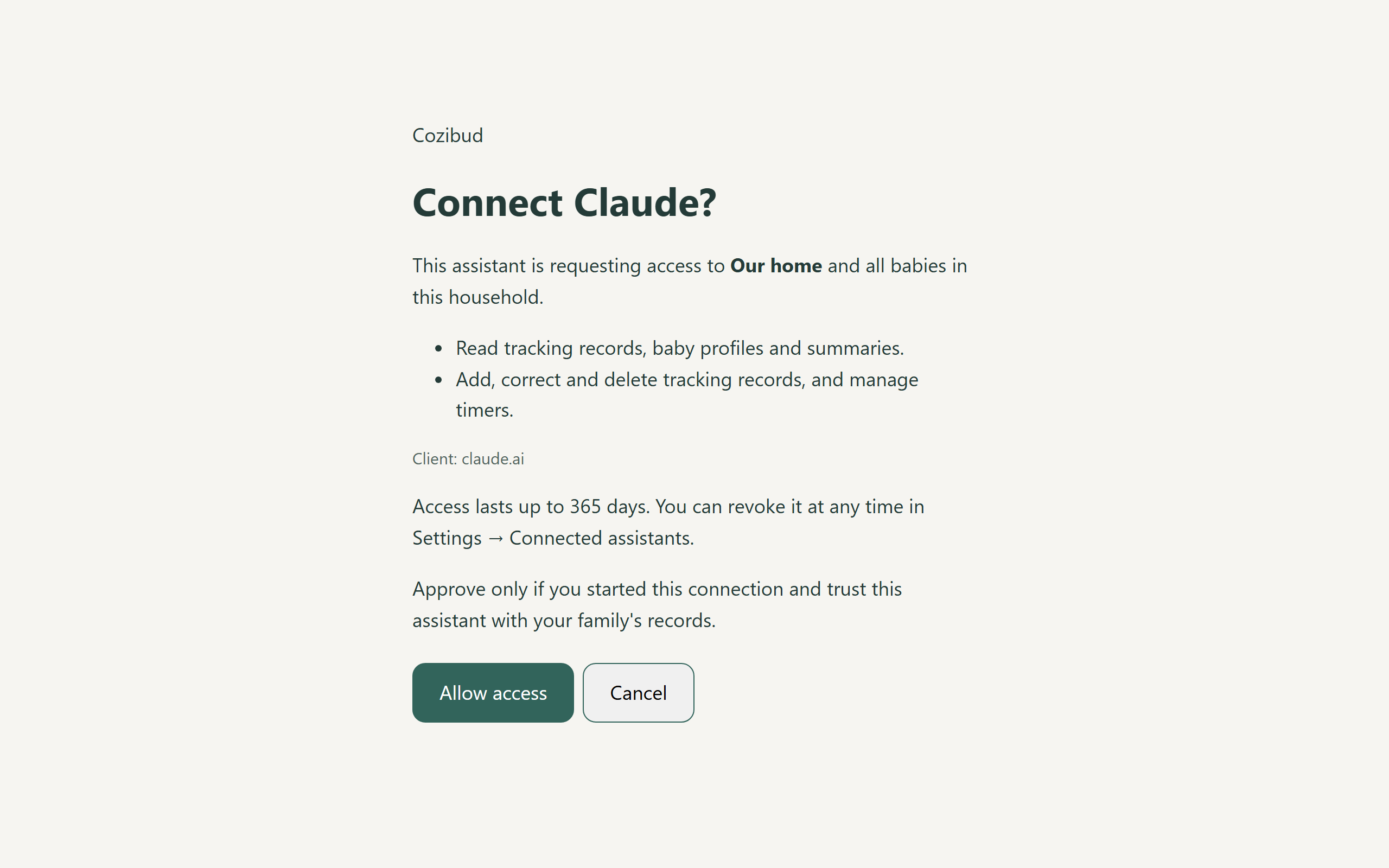 The Connect Claude? consent screen naming the household, listing read and write access, the client, the access duration, and Allow access and Cancel buttons.