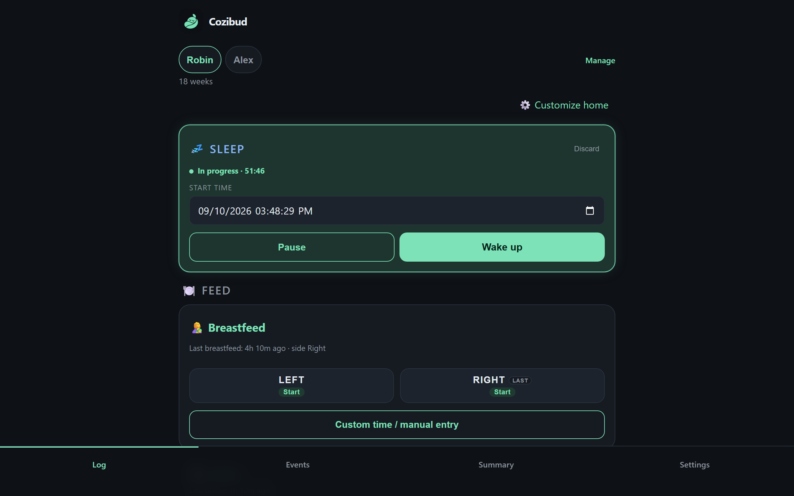 The Log screen with a running sleep timer, feed and diaper actions, and the Log, Events, Summary and Settings tabs.