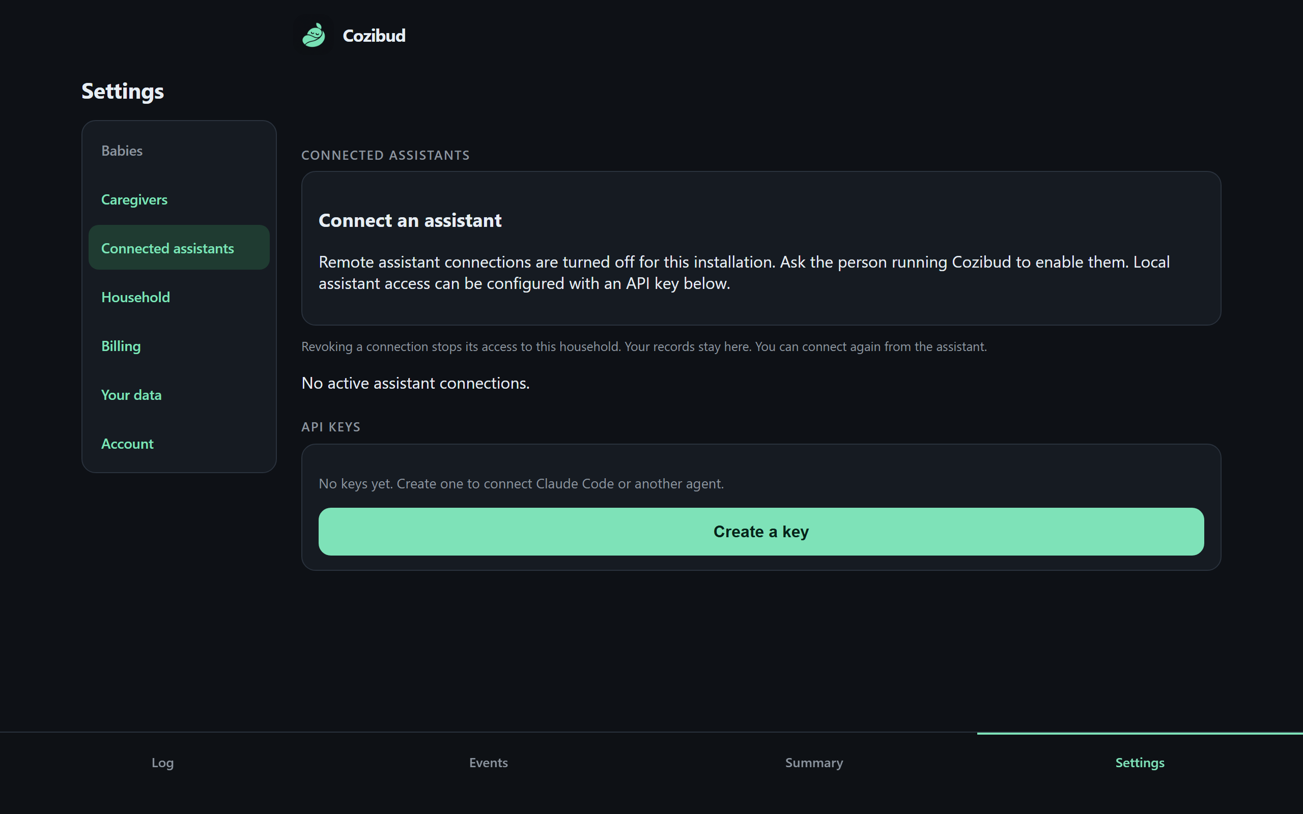 The Connected assistants panel in Settings with the connection status, no active assistant connections, and an API keys section with a Create a key button.